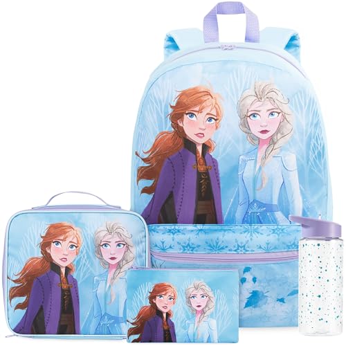 Get Trend Disney Frozen Kids Backpack 4 Piece Set | 18 inch Bookbag, Insulated Lunch Bag, Zipped Pencil Case & BPA-Free Water Bottle, School, Travel, Elsa Anna Gifts for Girls - color: Blue Frozen