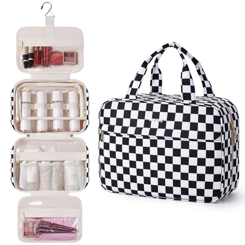 Narwey Hanging Travel Toiletry Bag for Women Checkered Makeup Bag Organizer Cosmetic Make up Toiletries Bag for Travel Essentials Accessories (Black Checkerboard, Large) - color: Black Checkerboard, size: Large