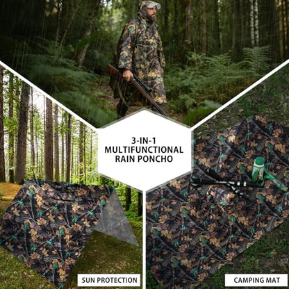 Andake Waterproof Rain Poncho for Adults Unisex,230T Ripstop Polyester,Raincoat Gear with Transparent Viewing Window Outdoors - color: Camo
