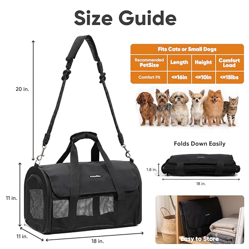 FUKUMARU Cat Carrier, Light & Airy Pet Carrier, 18x11x11 Airline Approved Dog Carrier for Small Dogs, 2-in-1 Shoulder Strap Leash, Collapsible Soft Cat Travel Carrier with Anti-Scratch Mesh, Black - color: Black