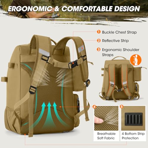 RAINSMORE Fishing Backpack with Rod Holders & Cooler 40L Water Resistant Tackle Backpack with Rain Cover Store Fishing Gear - color: Khaki