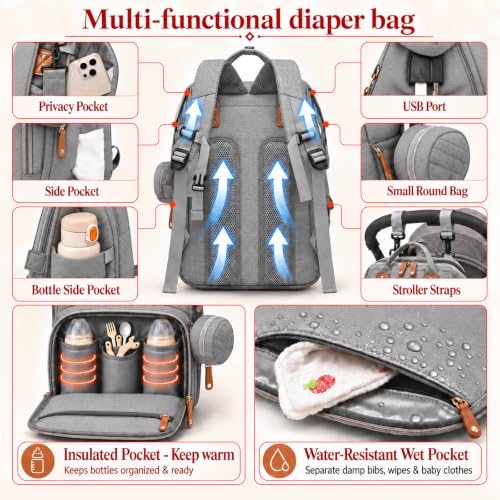 Diaper Bag Backpack with Changing Station, Large Waterproof Travel Baby Bag - color: Grey
