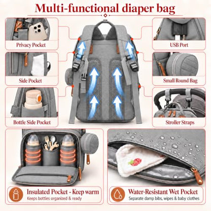 Diaper Bag Backpack with Changing Station, Large Waterproof Travel Baby Bag - color: Grey