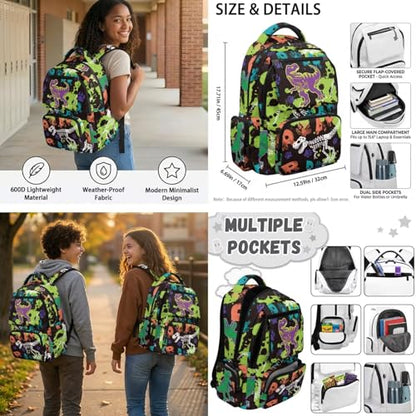 Talayituse Dinosaur Paint Splatter Paw Print Back-to-School 6-Piece Boys Kids Backpack Set – 17.7 Inch Water Resistant Backpack, Lunch Bag, Pencil Case, Water Bottle Holder, Bookmark & Keychain - color: Dinosaur Paint Splatter Paw
