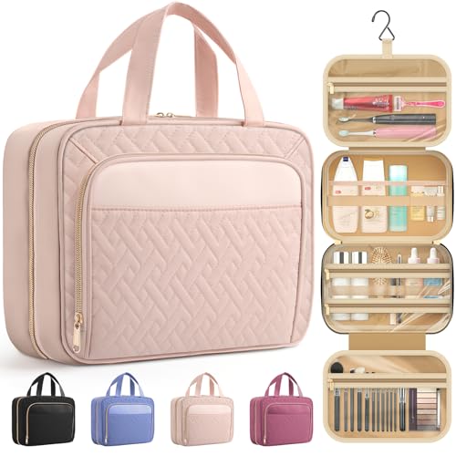 HOTOR Travel Toiletry Bag for Women & Men, Waterproof Makeup Bag with Hanging Hook and Multiple Pockets, Cosmetic Bags for Women, Travel Essentials, 11.2'' x 3.2'' x 8.9'', Pale Pink - color: Pale Pink, size: Medium