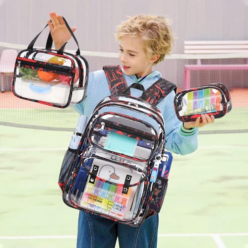 ACESAK Clear Backpack for Boys - 3 Pcs Clear Backpack Heavy Duty with Lunch Bag - See Through Bookbag Stadium Approved for Kids Middle High College School Sport Travel (Red) - color: Red