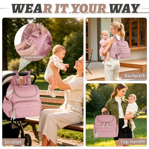 Diaper Bag Backpack, 22L Large Quilted Small Baby Bag with Changing Pad & Pacifier Case, Stroller Hooks, Easy-Access Baby Essential, Maternity Travel Backpack Unisex, Pink - color: Pink, size: Small