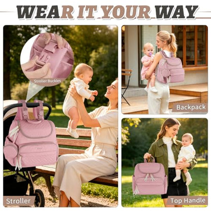 Diaper Bag Backpack, 22L Large Quilted Small Baby Bag with Changing Pad & Pacifier Case, Stroller Hooks, Easy-Access Baby Essential, Maternity Travel Backpack Unisex, Pink - color: Pink, size: Small