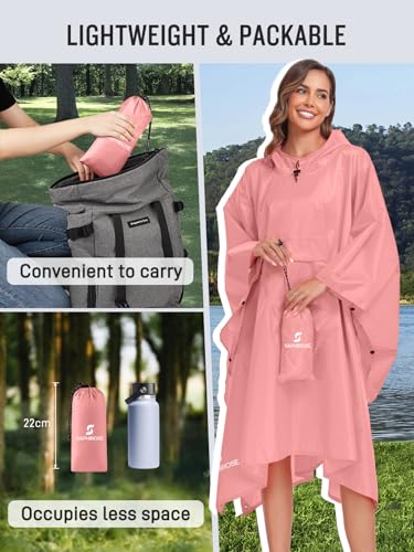 SaphiRose Extra Thick Hooded Rain Poncho Double Layer Waterproof Raincoat Jacket for Men Women Adults - color: Pink (Pause)