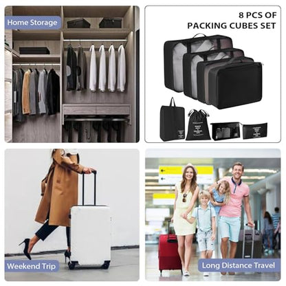 8 Set Packing Cubes for Suitcases, INVODA Travel Luggage Packing Organizers with Laundry Bag, Compression Storage Shoe Bag, Clothing Underwear Bag (Black) - color: Black