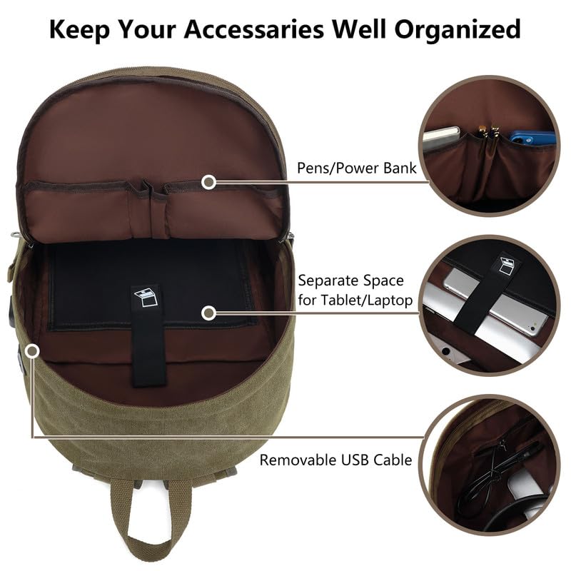 Canvas Laptop Backpack, Waterproof School Backpack With USB Charging College - color: Green