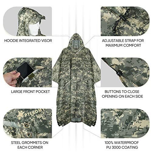 PTEROMY 3-in-1 Hooded Rain Poncho for Adult with Pocket, Waterproof Lightweight Unisex Raincoat for Hiking Camping Emergency - color: Green Digi Camo