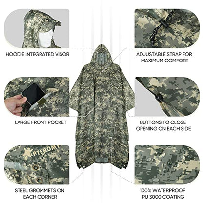 PTEROMY 3-in-1 Hooded Rain Poncho for Adult with Pocket, Waterproof Lightweight Unisex Raincoat for Hiking Camping Emergency - color: Green Digi Camo