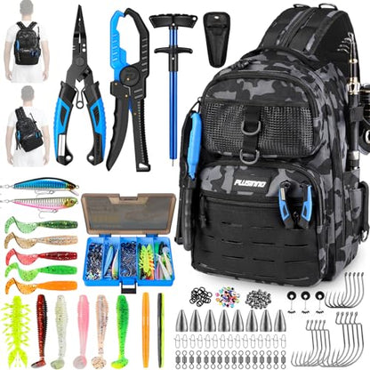 PLUSINNO Fishing Gear, Fishing Backpack with Tackle Box, Waterproof tackle Backpack with Rod Holders, Lures, Tools, Pliers & Accessories, Fish Gifts for Men - color: Camo Fishing Backpack With Fishing Kit