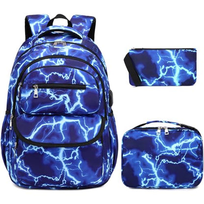 Bevalsa Backpack for Boys, Lightning School Bags with Lunch Bag & Pen Case for Kids, Bookbag for Boys Girls Teens - color: B-lighting