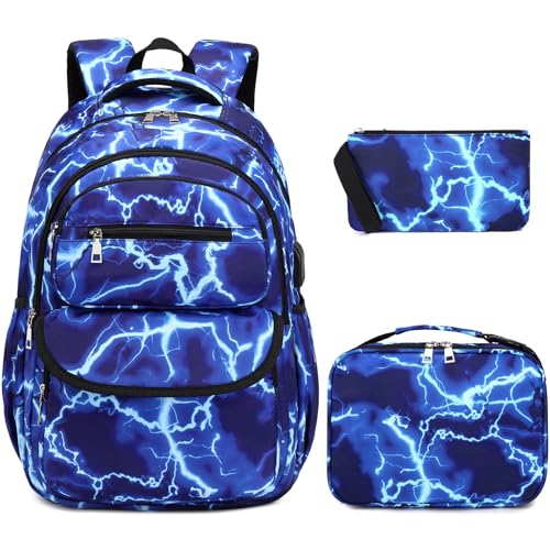 Bevalsa Backpack for Boys, Lightning School Bags with Lunch Bag & Pen Case for Kids, Bookbag for Boys Girls Teens - color: B-lighting