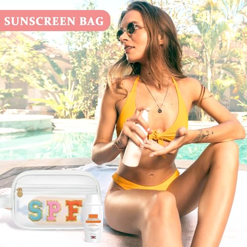 COSHAYSOO Clear Sunscreen Bag SPF Beach Vacation Essentials Waterproof Summer Pool Must Have Accessories for Women Teen Girls, Family Beach Day Organizer Toiletry Pouch Travel Gifts Preppy Letter - color: White-SPF