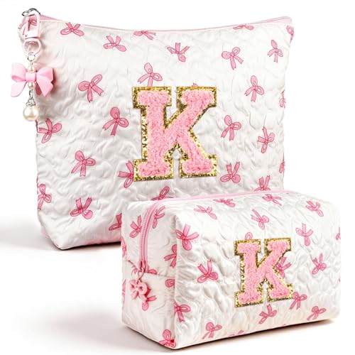 Initial Makeup Bag, Valentines Day Gifts for Women Teens Girls Birthday Gift Personalized Bow Cosmetic Bag, Quilted Cosmetic Travel Toiletry Pouch, Cute Makeup Organizer Teen Girl Gifts Trendy Stuff K - color: K