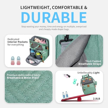 KABAQOO Diaper Bag Backpack with Detachable Changing Station, Large Capacity Baby Diaper Bags for Boys & Girls, Baby Registry Search Stuff & Shower Gifts, Newborn Essentials Must Haves, Green Grey - color: Green Grey