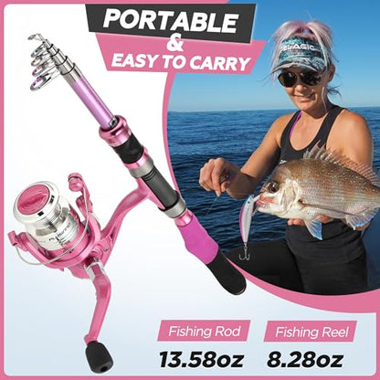Fishing Rod and Reel Combos, Fishing Gear Gifts for Women with Spinning Reel, Lures, Line, Pink Ladies Telescopic Pole Kit Designed for Girls Adults by PLUSINNO - size: 5.91 ft - Complete Kit