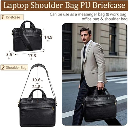 Faux Leather Messenger Bag for Men 17-17.3 Inch: Laptop Bag Briefcase Computer Handbags Shoulder Crossbody Bag with Padded Laptop Sleeve for Work College Travel, PU Black - color: Pu Black