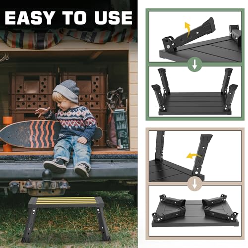Adjustable Height Aluminum RV Step, Stable Foldable Platform Step Stool, Supports Up to 1,000 lb, Non-Slip Rubber Feet and Platform Mat, Easy to Carry (Black) - color: Black