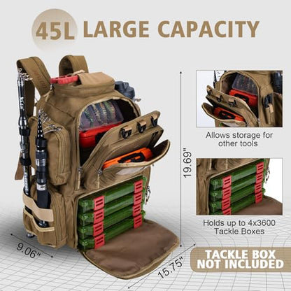 Goture Fishing Backpack,900D Water-Resistant Tackle Backpack with Rod Holders,45L Large Fishing Bag Storage Gear Tackle Bag with Rain Cover,Bottle Holder for Travel Camping Hiking(Without Tackle Box) - color: 45L Khaki with Bottle Holder