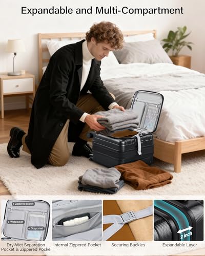 Hanke Top Opening Carry-On - Expandable 16 Inch Airline Approved Spinner | Easy-access top opening,360° spinner wheels,lightweight expandable hardshell, fits overhead bins,for overnight business trips - color: Jet Black, size: 16 Inch Expandable