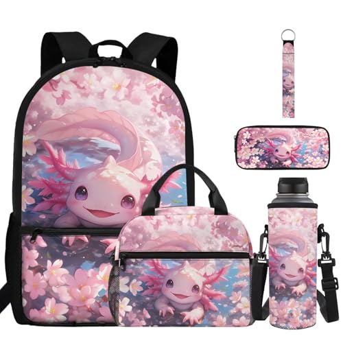 ZDCUSTOM Girls Backpack with Lunch Box, Axolotl School Backpack for 1st Grade, Cute Bookbag for Little Girls Schoolbags with Pencil Case Water Bottle Holder Keychain, Back to School Gifts - color: Cute Axolotl
