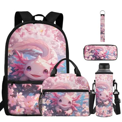 ZDCUSTOM Girls Backpack with Lunch Box, Axolotl School Backpack for 1st Grade, Cute Bookbag for Little Girls Schoolbags with Pencil Case Water Bottle Holder Keychain, Back to School Gifts - color: Cute Axolotl