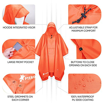 PTEROMY 3-in-1 Hooded Rain Poncho for Adult with Pocket, Waterproof Lightweight Unisex Raincoat for Hiking Camping Emergency - color: Orange