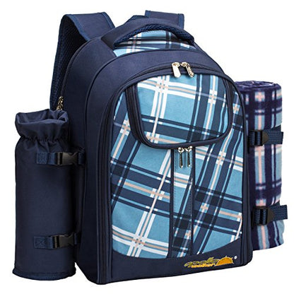 Apollo Walker Picnic Backpack Bag for 2 Person with Cooler Compartment, Detachable Bottle/Wine Holder, Fleece Blanket, Plates and Cutlery (Blue) - color: Blue, size: 2 Person