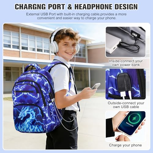 Bevalsa Backpack for Boys, Lightning School Bags with Lunch Bag & Pen Case for Kids, Bookbag for Boys Teens Elementary Middle High School - color: Blue Dragon