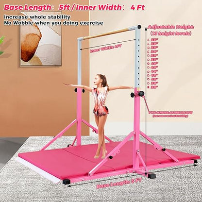 Marfula Gymnastic Bar For Kid and Teenage of 3-25, 5Ft/8 FT Base Length 4Ft Width 5Ft Adjust Height, Gymnastic Kip Bar For Gymnast, Gymnastic Training Equipment For Professional Training Home Club Use - color: Bar With Mat-Hot Pink(5 Ft Base)
