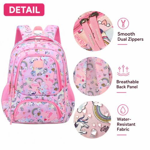 MYGOO Girls School Backpack Doubleday Unicon Pink Bookbag for Elementary Middle School Ages 5-12, 17 inch Large Capacity 24L Kids Student Travel Bags - color: Doubleday Unicon Pink