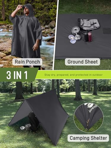 SaphiRose Extra Thick Hooded Rain Poncho Double Layer Waterproof Raincoat Jacket for Men Women Adults - color: Grey