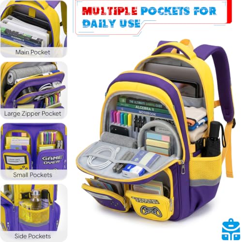 Boys Backpack, Luminous Gamer Backpack for Boys with Lunch Box,Pencil Case and Coin Puese,Kids Schoolbag Bookbag for Teen Boy Elementary Middle High School Travel(Yellow-Purple) - color: Yellow-purple
