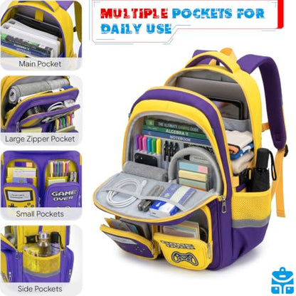 Boys Backpack, Luminous Gamer Backpack for Boys with Lunch Box,Pencil Case and Coin Puese,Kids Schoolbag Bookbag for Teen Boy Elementary Middle High School Travel(Yellow-Purple) - color: Yellow-purple