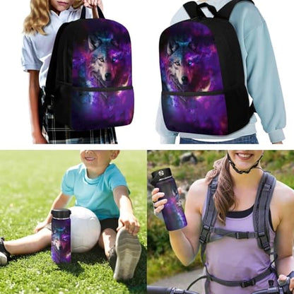 ZOUTAIRONG Galaxy Wolf School Bag Set and Durable Thermos Two Piece Backpack Set Mini Water Up and School Bags with 2 Side Pockets - color: Galaxy Wolf