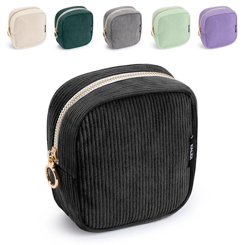 WLLWOO Small Makeup Bag for Purse Corduroy Mini Cosmetic Pouch Ring Zipper Portable Travel Toiletry Organizer for Women Pencil Case Coin - color: Small-Black-1pcs