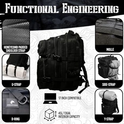 AMERICANPHOENIX 45L Elite Tactical Backpack | 3X Stronger Work & Military Backpack | Water Resistant and Heavy Duty | 3 Day MOLLE Bug Out Bag (Carbon Black) - color: Carbon Black