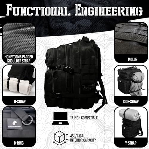 AMERICANPHOENIX 45L Elite Tactical Backpack | 3X Stronger Work & Military Backpack | Water Resistant and Heavy Duty | 3 Day MOLLE Bug Out Bag (Carbon Black) - color: Carbon Black
