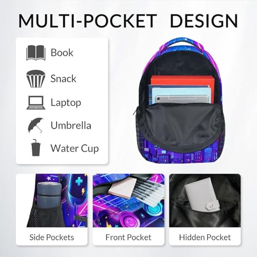 Personalized 17 Inch Gaming Backpack for Boys Kids Toddlers - Large Capacity Lightweight Gamer Bookbag for Preschool Kindergarten Elementary School - color: Purple