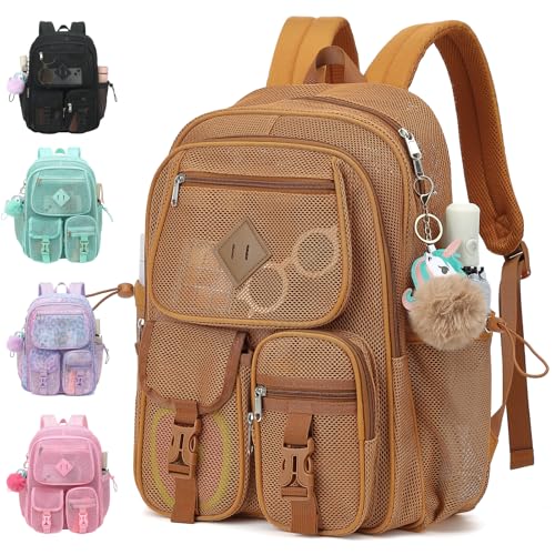 Mesh Backpack for Girls Boys, Heavy Duty Semi-Transparent Mesh Bookbag Womens Mens Mesh Backpacks for School, Sports, Beach, Swimming, Travel Khaki - color: Khaki
