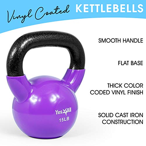 Yes4All Kettlebell, Vinyl Coated Kettlebell Cast Iron Sets with Stable Flat Bottom for Full Body Workout, Push up, Grip Strength Training & Weights Exercises - color: Multicolor, style: 10 - 15lb