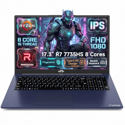 NIMO 17.3" Gaming Laptop, AMD Ryzen 7 7735HS 8 Cores, 16GB DDR5 1TB SSD, Windows 11, FHD IPS 180° View, Fingerprint, Backlit Keyboard, 100W Fast Charging, WiFi 6E Computer, for Business & Student - color: Blue, style: 16GB RAM | 1TB SSD