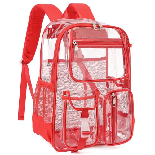 Clear Backpacks for Girls Women, Heavy Duty PVC Transparent School Bookbag See Through Back Pack for College Work Travel (Red) - color: Red