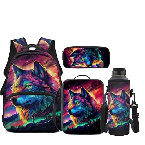 JEOCODY Wolf Backpack for Girls Kids Bookbag with Lunch Box and Water Bottle Holder Pencil Case Organizer 4-Piece Boys School Supplies for Hiking Ruchsack Daypack - color: Colorful Wolf Patterns