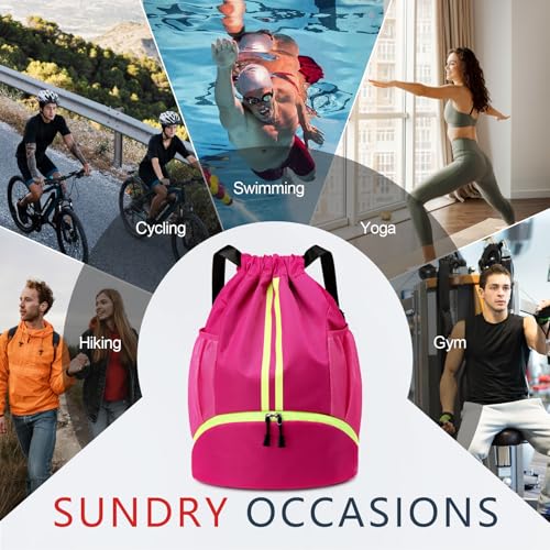 PinCute Drawstring Backpack for Women Men, Gym Bag for Soccer, Basketball, Swim, Beach, Water-Resistant Sports Backpack with Wet Pocket and Shoe Compartment, Rose - color: Rose