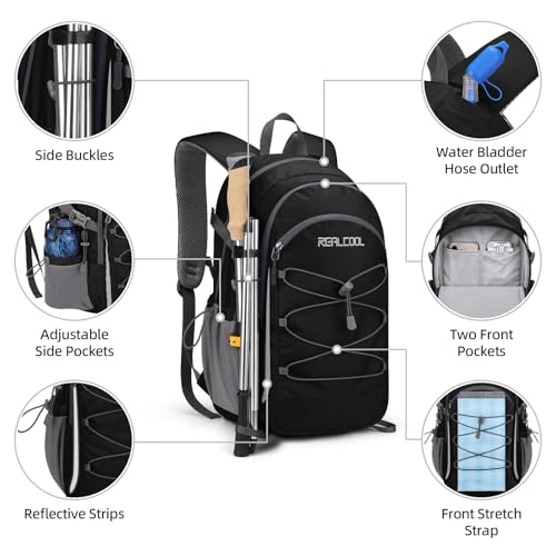 RealCool 20L Lightweight Hiking Backpack, Waterproof Daypack for Camping | 210D tear-resistant nylon, breathable shoulder and back panel, Multi-Compartment,hydration system,reflective strip,bungee net - color: Black, size: 20L